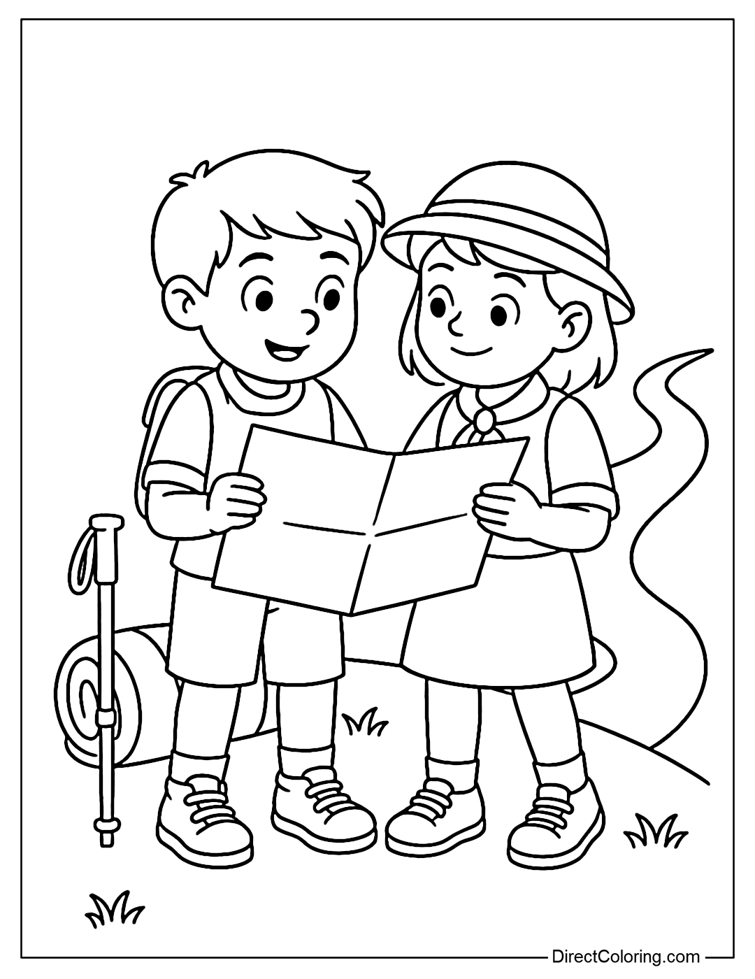 A coloring page of two children standing together looking at a map, next to a sleeping bag, trekking poles, and a trail.